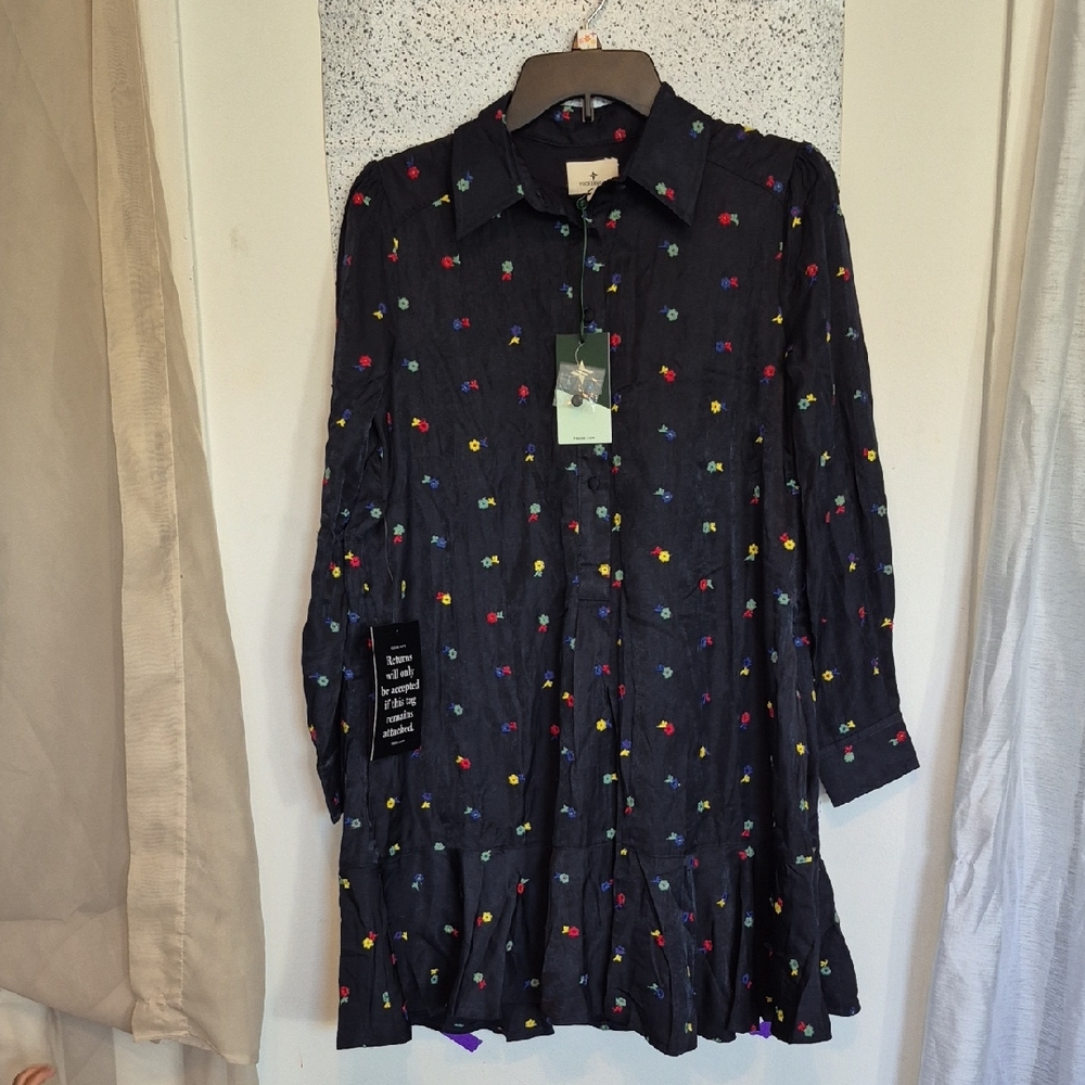 Tuckernuck Button Down Navy Dress with Colorful Embroidery